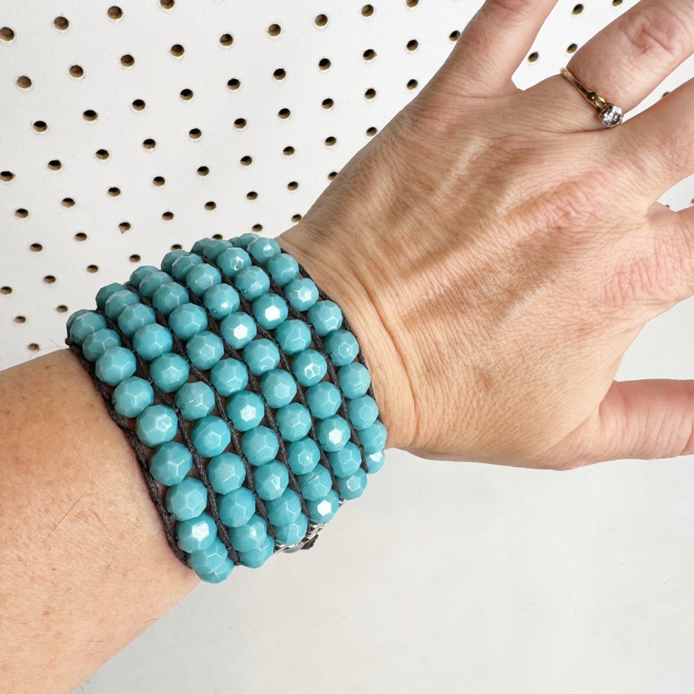 Boho Turquoise Colored Bead Cuff Bracelet w/ Adjustable‎ Size Pulls